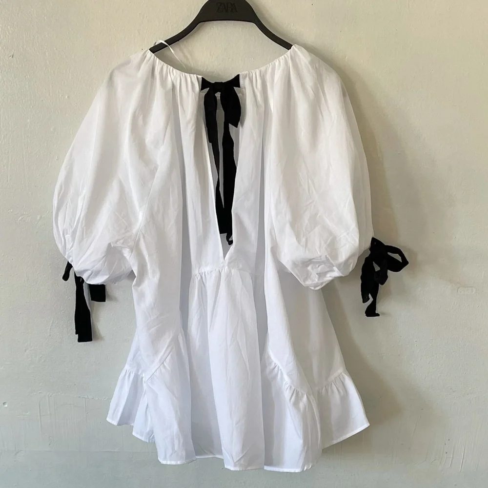 Zara White Two Ways Poplin Tie Oversized Blouse